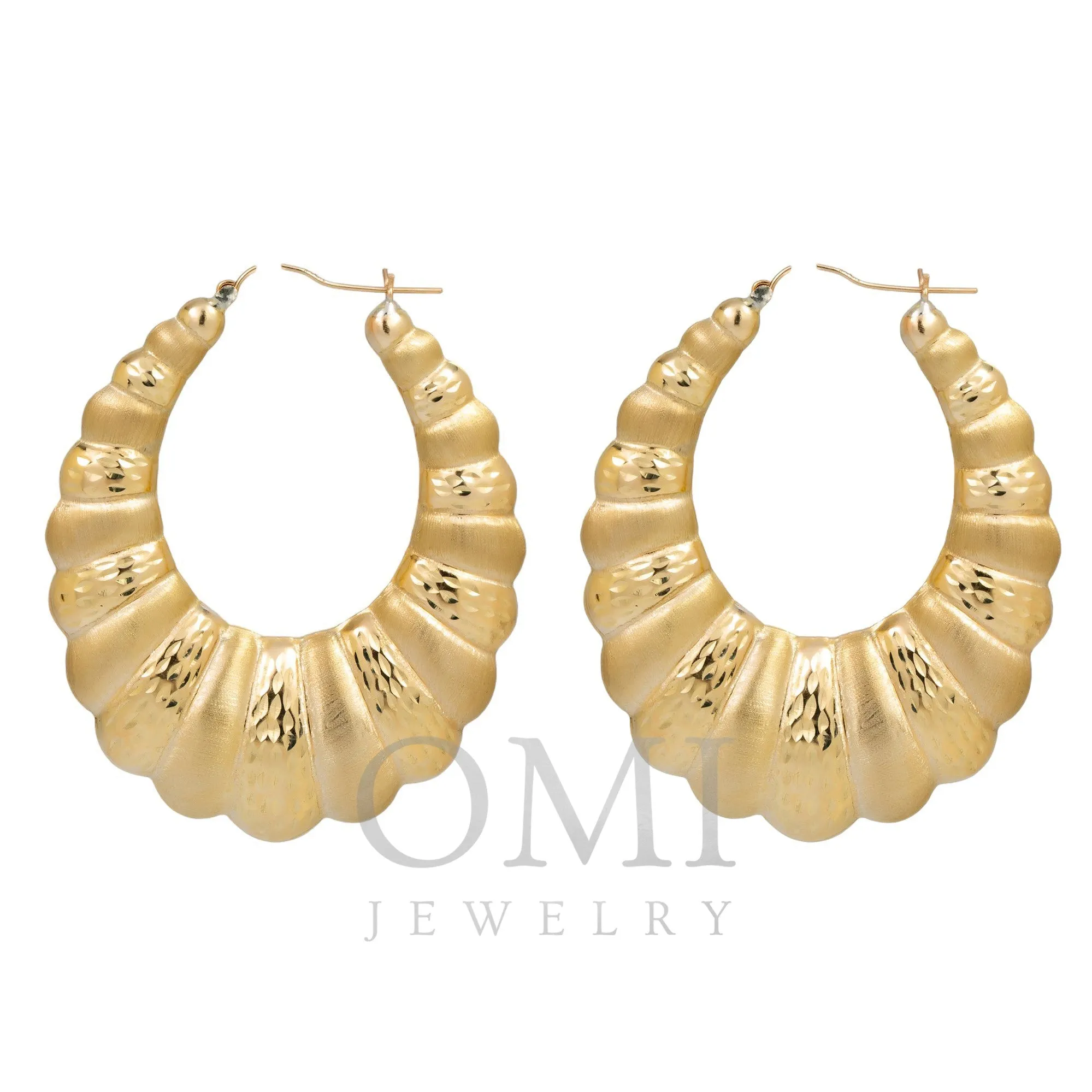 10K GOLD LADIES ROUND TEXTURED DROP SHAPED HOOP EARRINGS