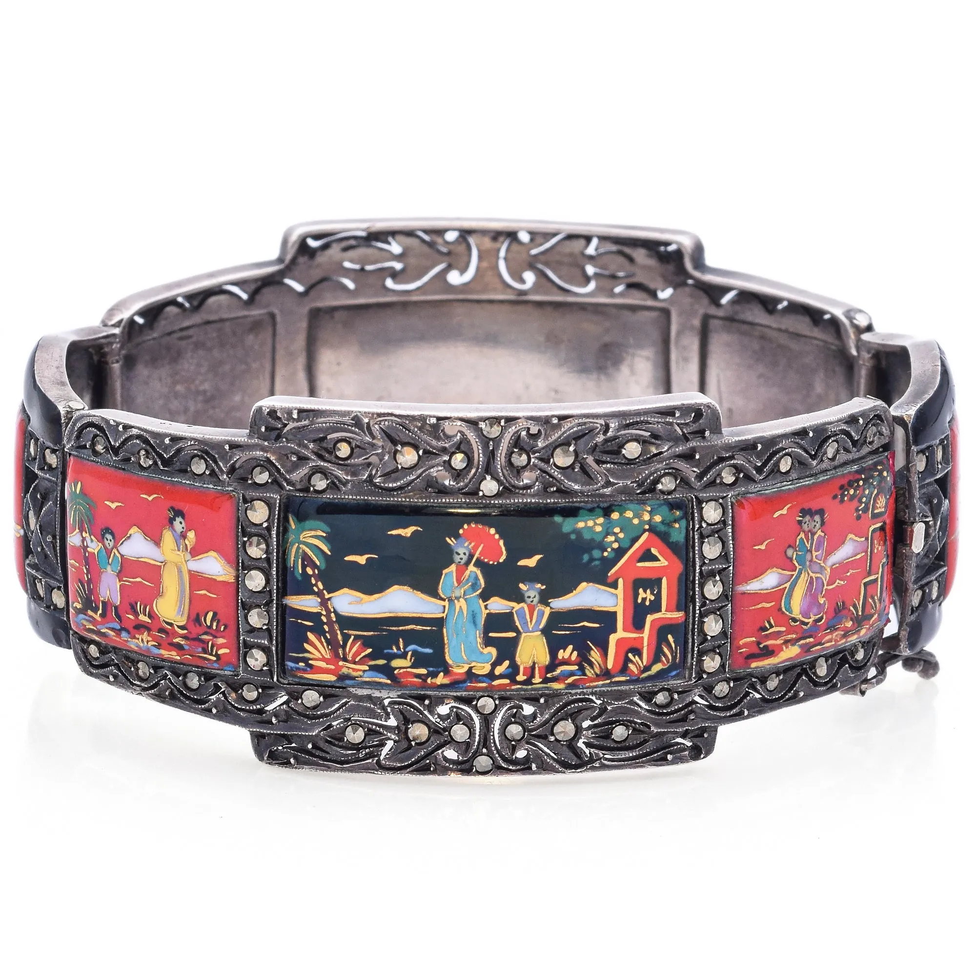 Antique Japanese Silver Marcasite Enamel Story-Teller Panel Bracelet