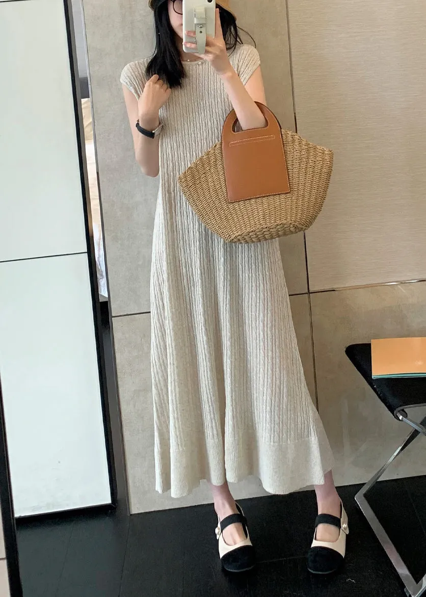 Apricot Solid Cozy Knit Long DressO Neck Sleeveless ZL009