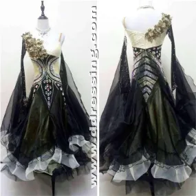 Black Ballroom Competition Dress with Gold Decoration Flowers