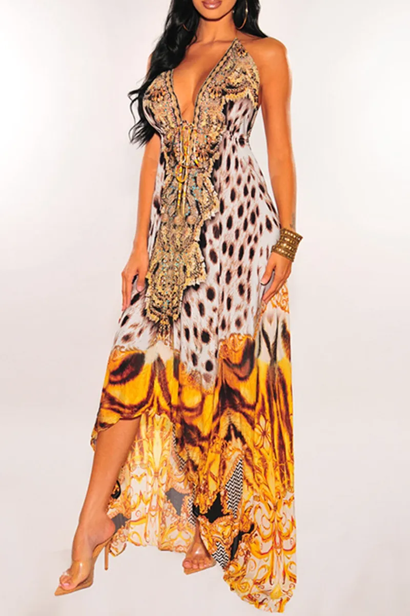 Bohemian Print Split Joint Spaghetti Strap Irregular Dress Dresses