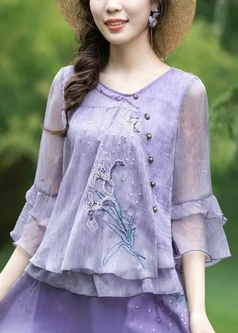 Boutique Purple Ruffled Embroidered Chiffon Blouse Tops Summer BV056