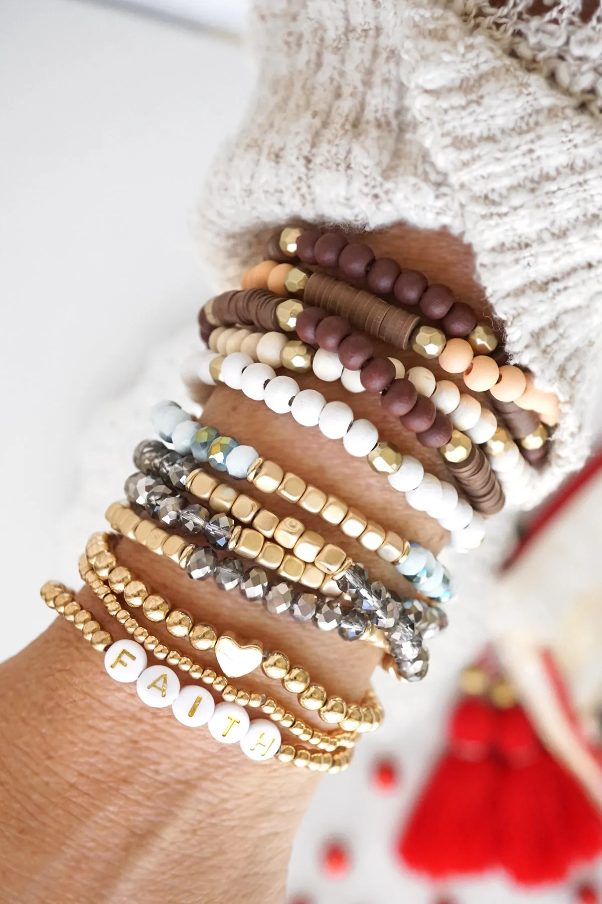 Brown stack of 5 clay and wood beads bracelets in browns and white