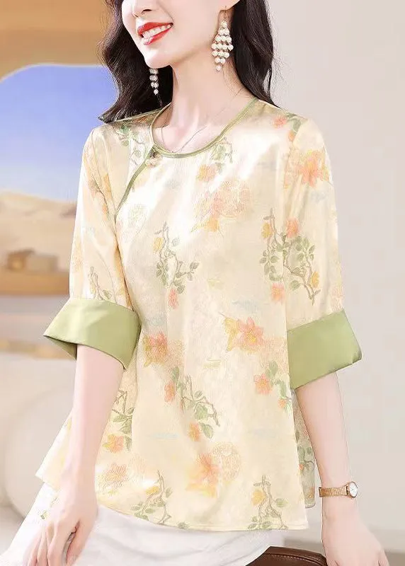 Chinese Style Apricot O-Neck Jacquard Lace Up Silk Top Summer BB027