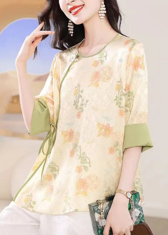 Chinese Style Apricot O-Neck Jacquard Lace Up Silk Top Summer BB027