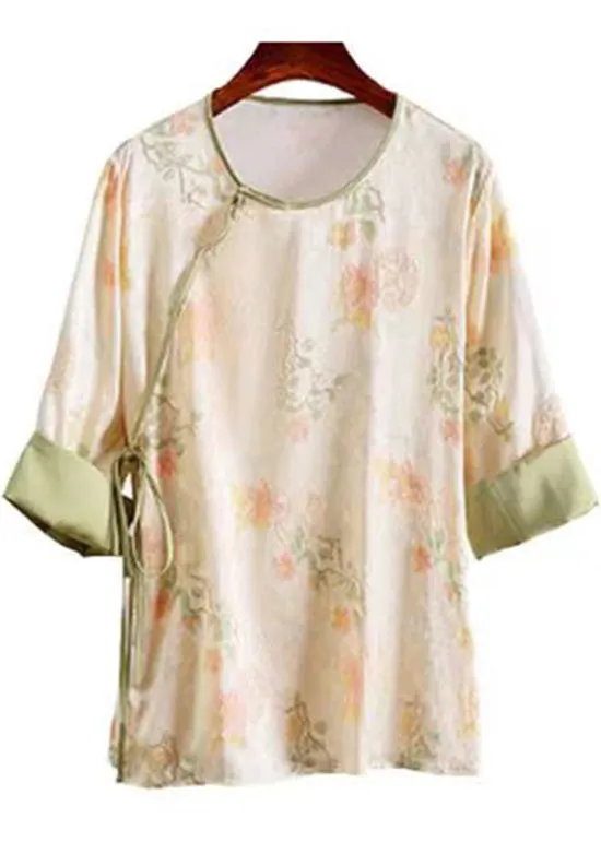 Chinese Style Apricot O-Neck Jacquard Lace Up Silk Top Summer BB027