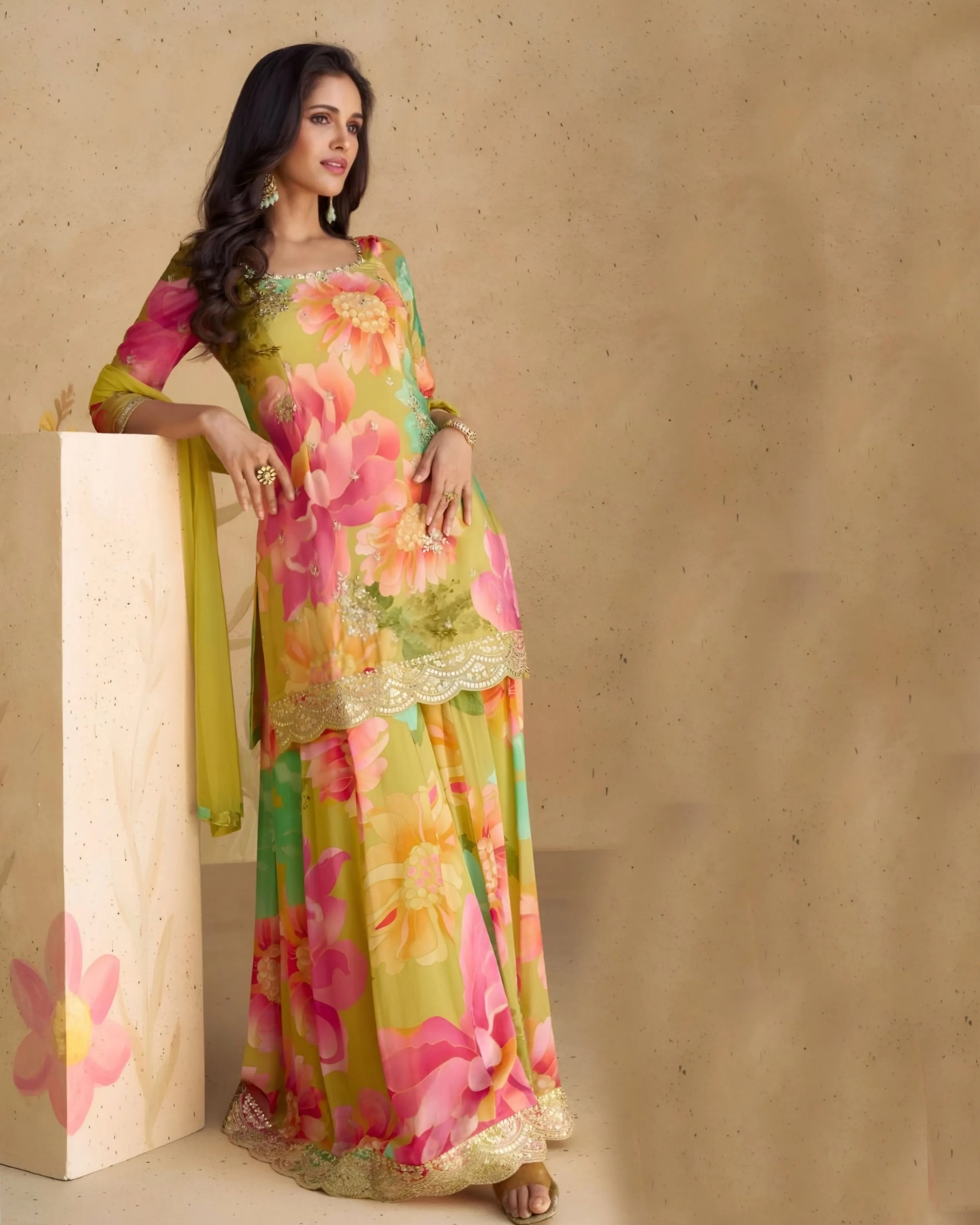 Chinon Silk Printed Floral Salwar  Suit Orange