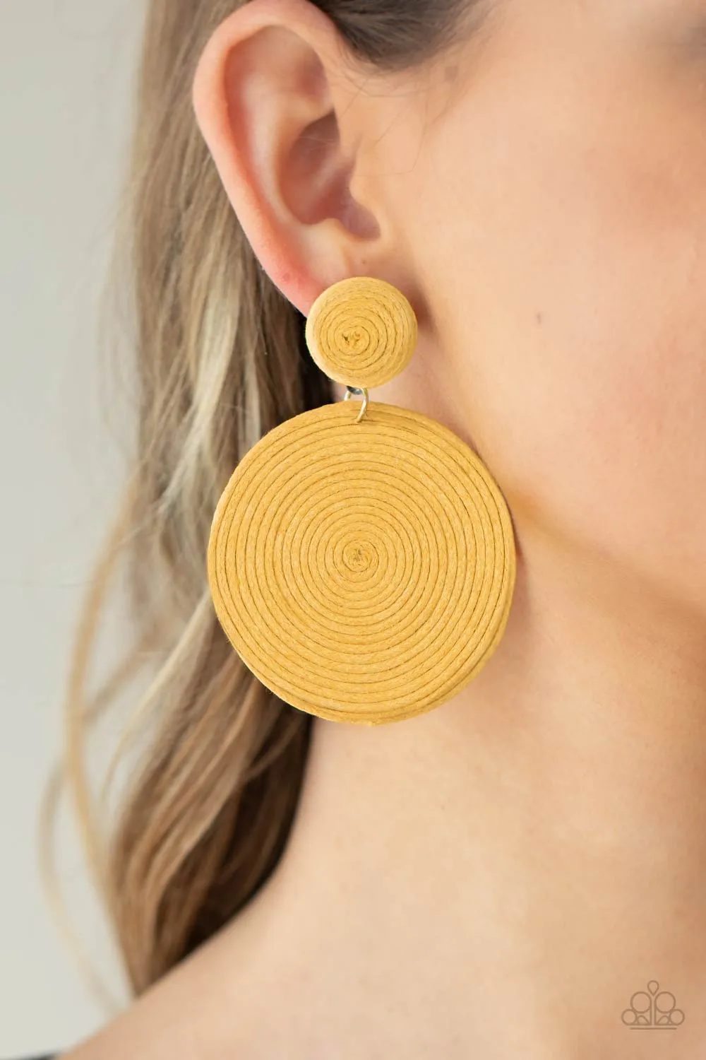 Circulate The Room Yellow Woven Post Earrings - Paparazzi Accessories