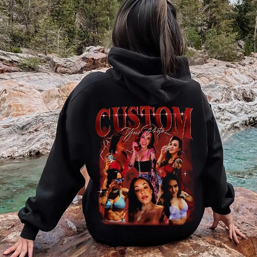 Custom Your Own Bootleg Rap Hoodie Back Design Personalized Photo Vintage Hoodie Birthday Gift Ideas for Men Women