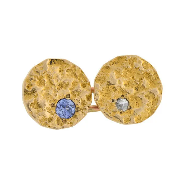 Edwardian 14kt Textured Gold Diamond & Sapphire Cufflinks