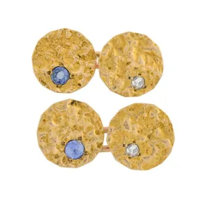 Edwardian 14kt Textured Gold Diamond & Sapphire Cufflinks