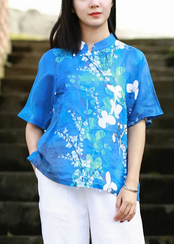 Elegant Blue Stand Collar Print Side Open Shirt Short Sleeve VB1024