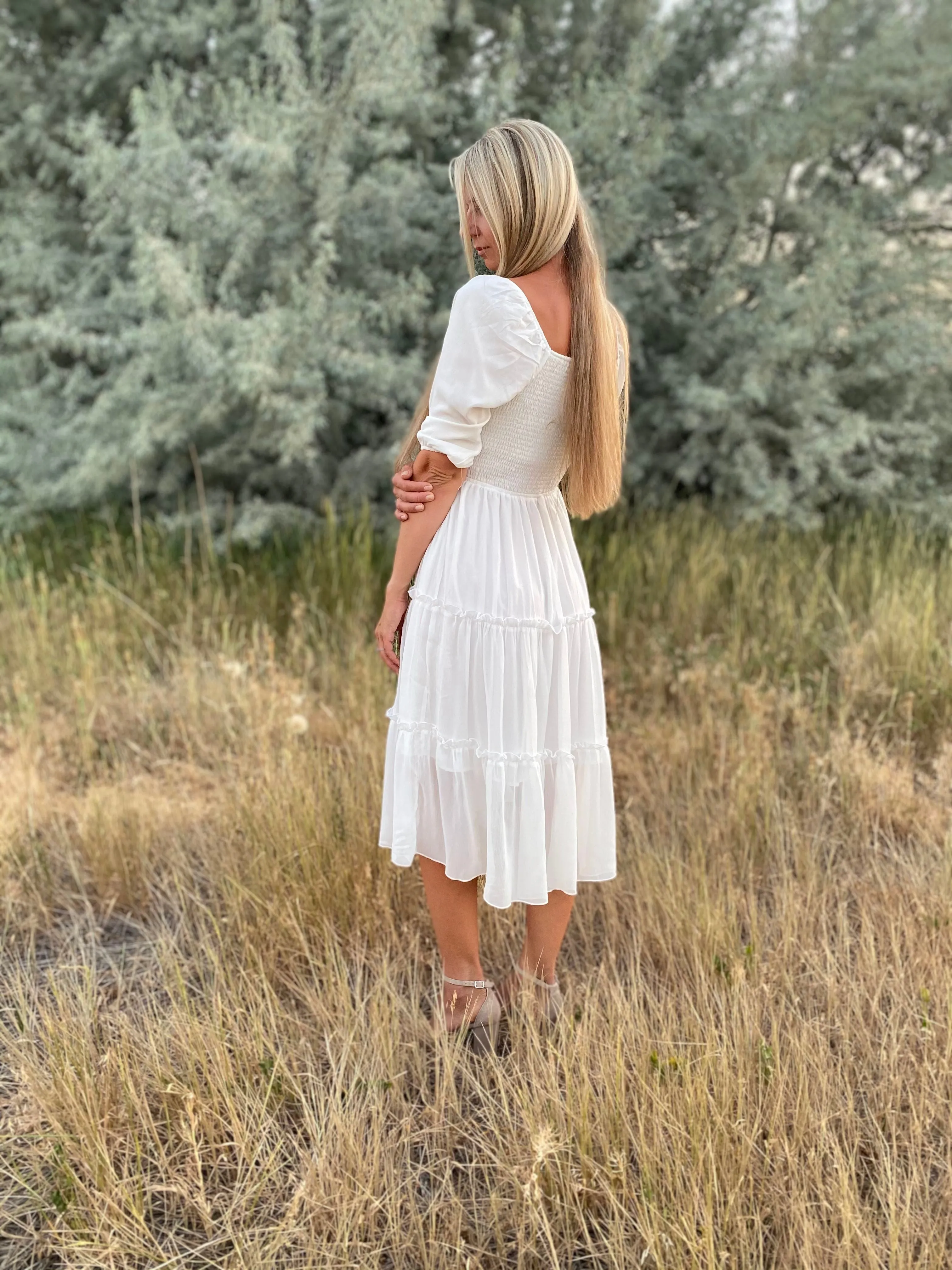 Eliana Smocked Dress in White (extended sizing)