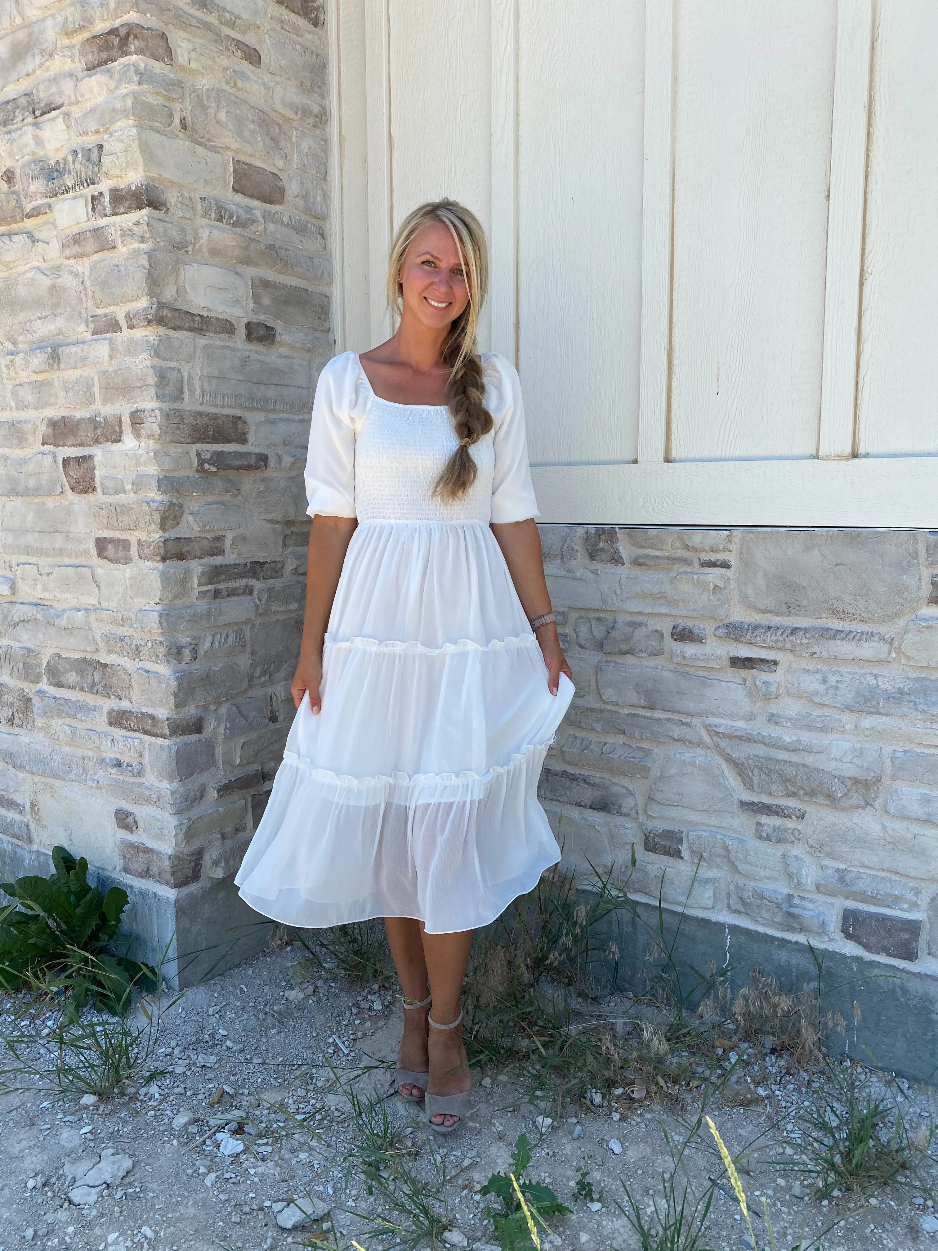 Eliana Smocked Dress in White (extended sizing)