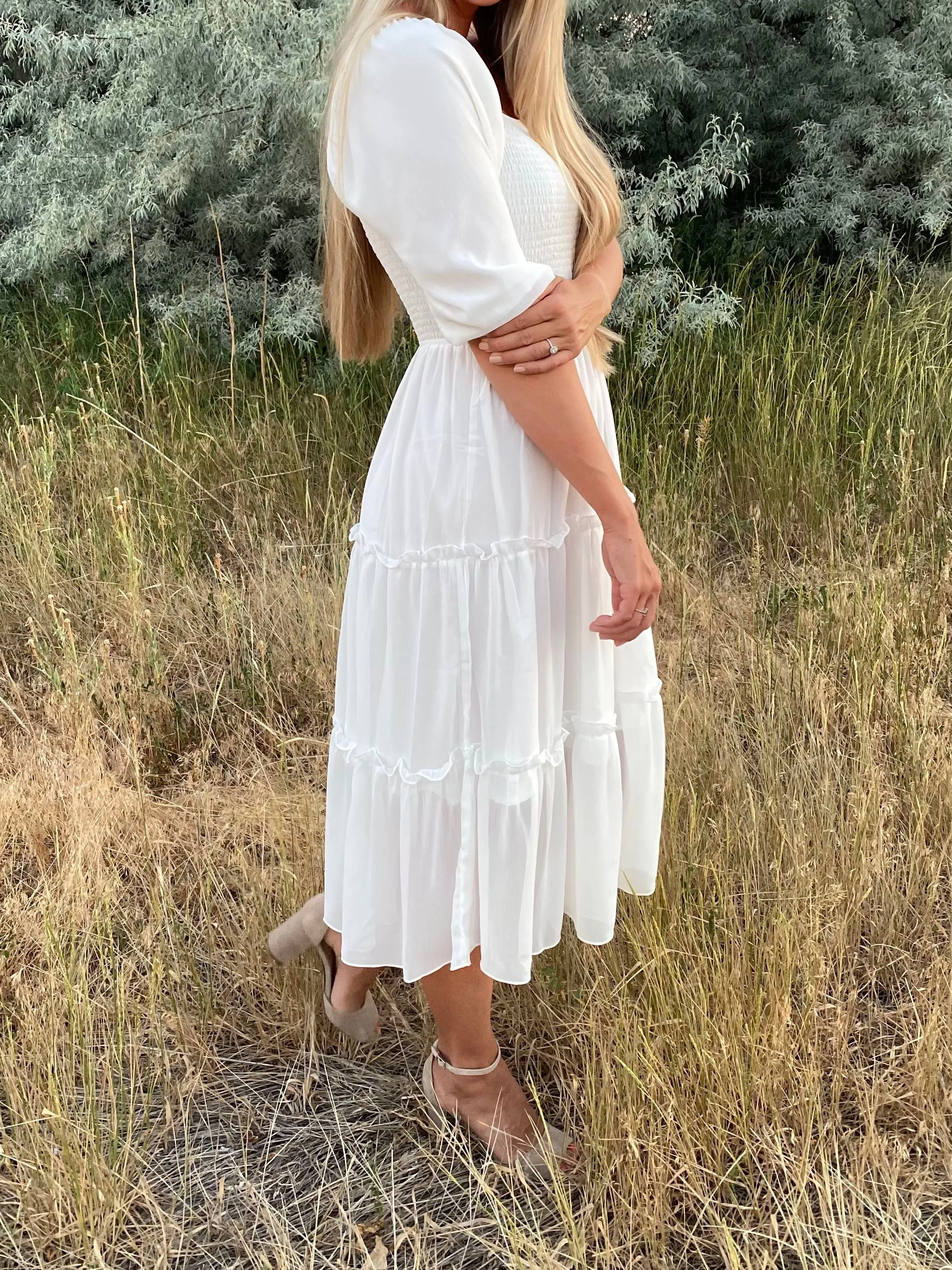 Eliana Smocked Dress in White (extended sizing)