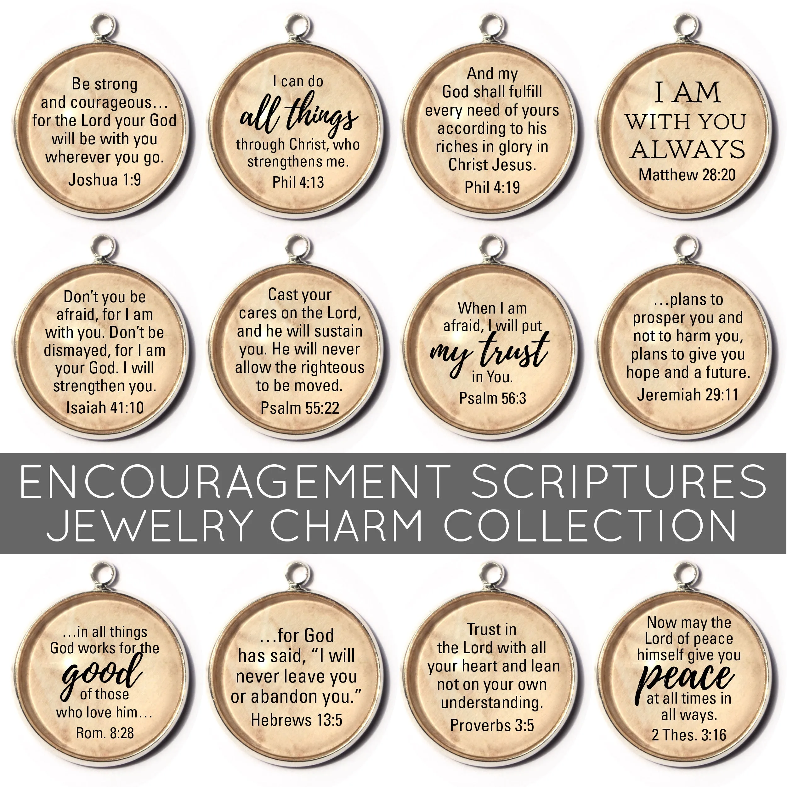 Encouragement Scriptures - Set of 12 Encouraging Bible Verse Charms for Christian Jewelry Making – Bulk Bracelet Charms