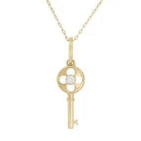 Estate 14k Diamond Four Leaf Clover Key Charm Necklace