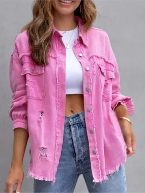 Fashion Outerwear Denim Button Spring Autumn Long Sleeve Holes Women Lady Coat Jacket