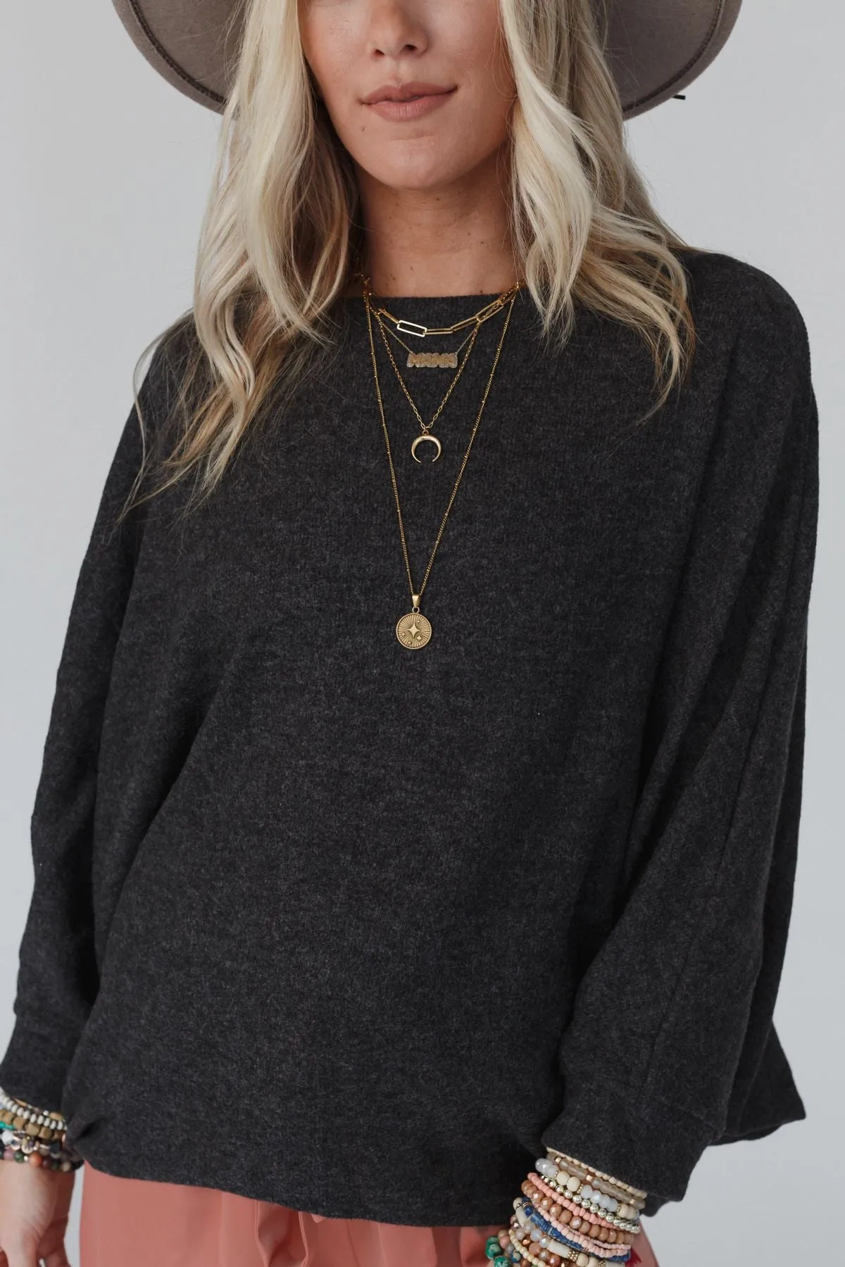 Fly With Me Batwing Sleeve Knit Sweater - Charcoal