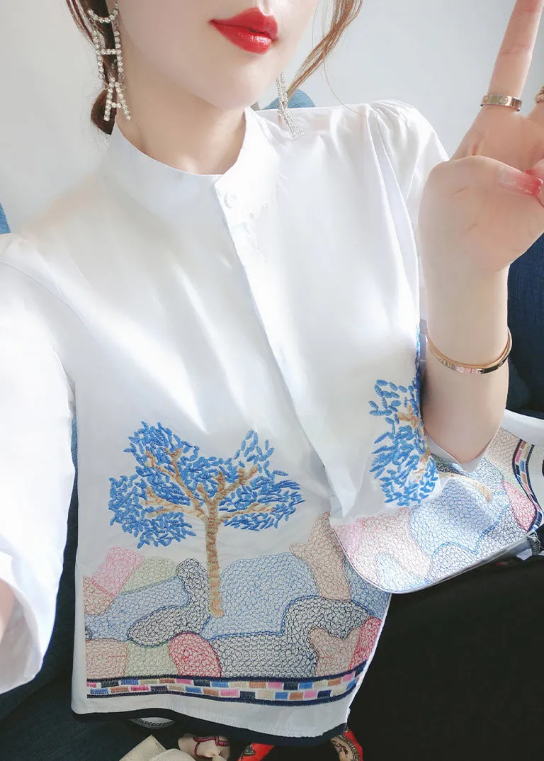 French White Embroidered Button Cotton Shirts Bracelet Sleeve QA1037