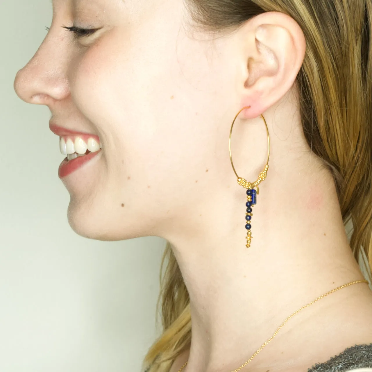 Gold Plated Lapis Lazuli Beaded Hoop Earrings