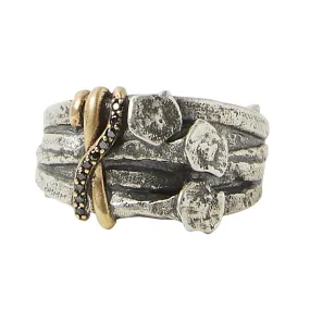 John Varvatos men's distressed sterling silver nail ring with brass wire wrap and 10 round black diamonds