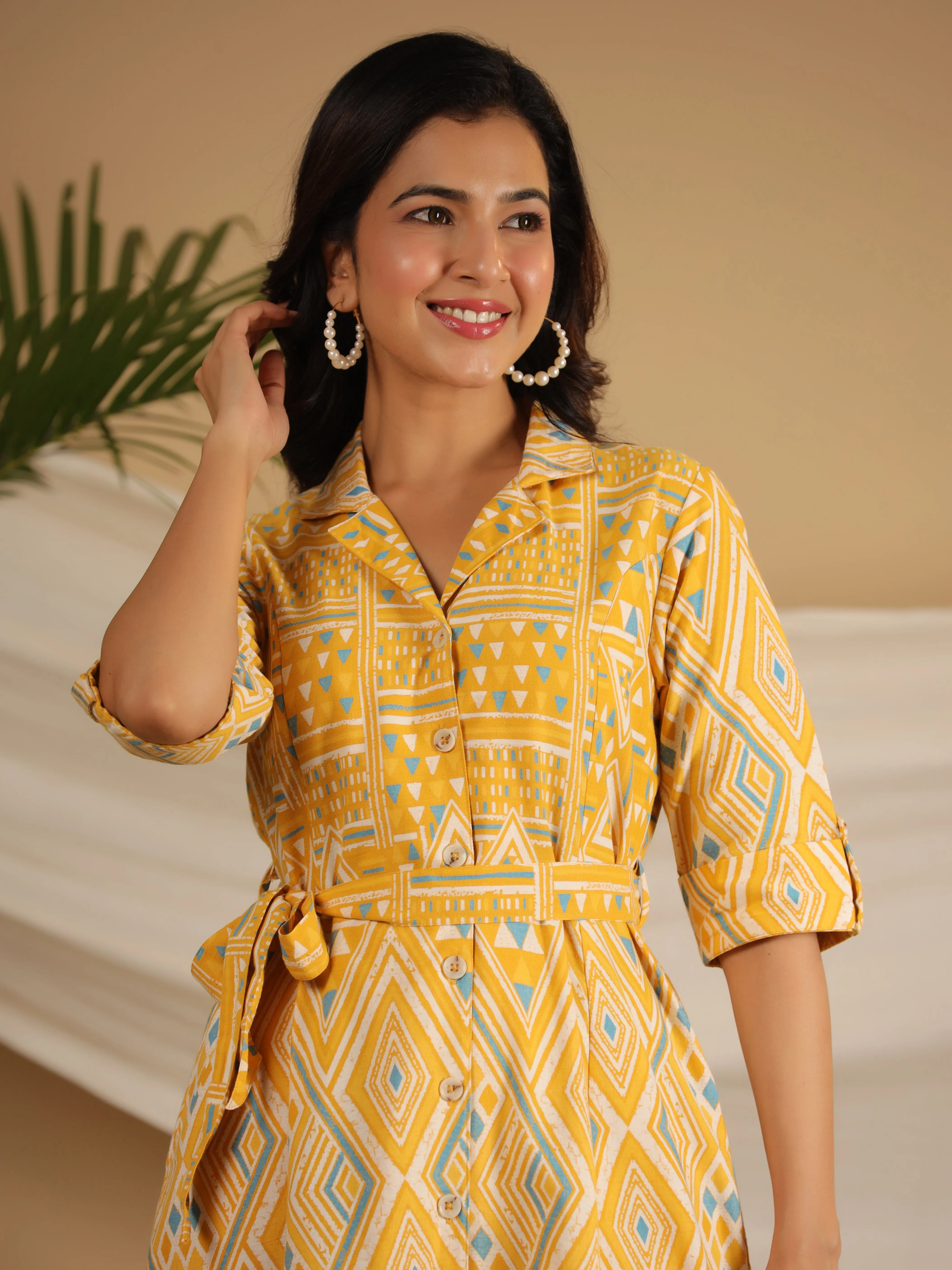 Juniper Mustard Geometric Printed Cotton Flex Shirt Style Dress With Belt