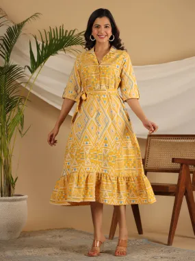 Juniper Mustard Geometric Printed Cotton Flex Shirt Style Dress With Belt