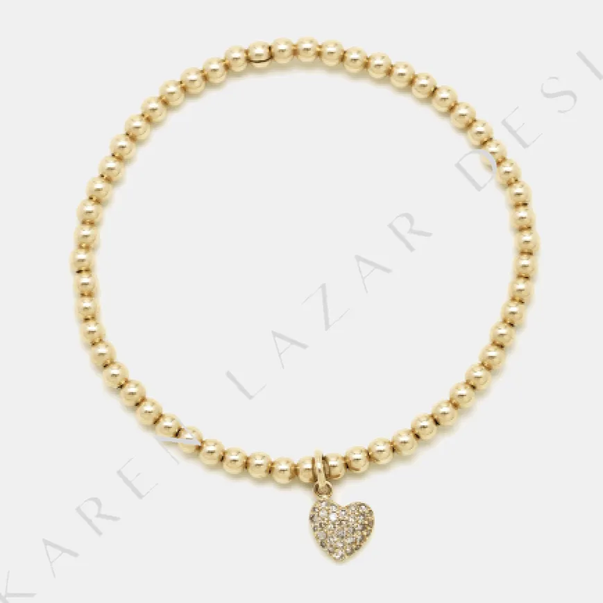 Karen Lazar - 3 mm Yellow Gold Filled Bead Flex Bracelet, Diamond Heart Charm