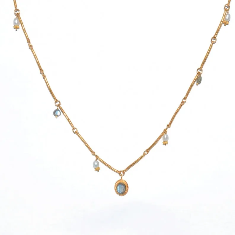 Labradorite and Cultured Pearl Gold Plated Cord Necklace