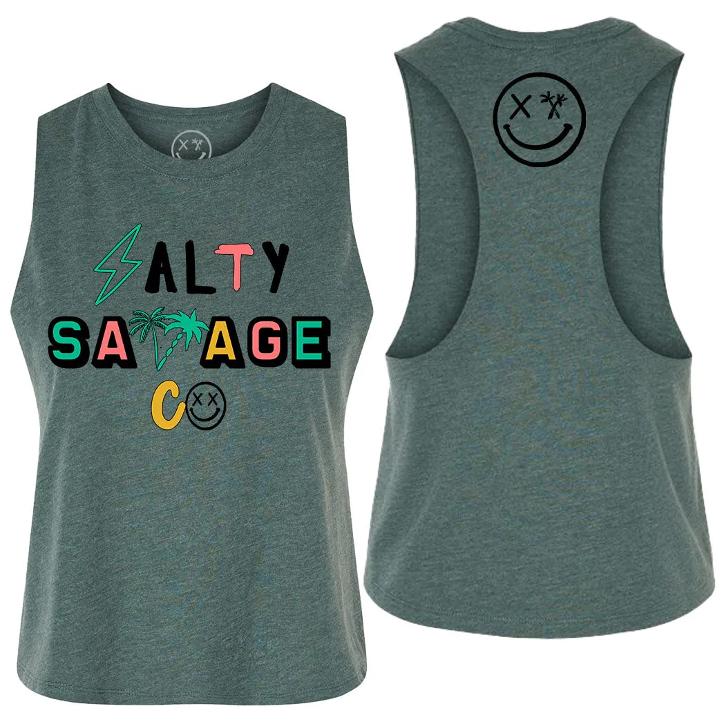 Ladies "Salty Savage 90's Logo" Flowy Crop Tank | Beach Edition