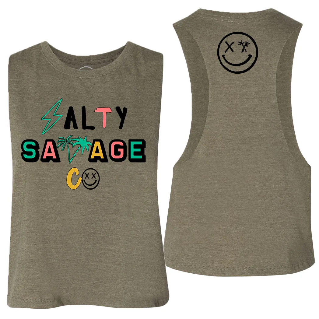 Ladies "Salty Savage 90's Logo" Flowy Crop Tank | Beach Edition