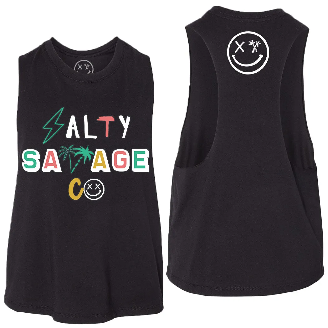 Ladies "Salty Savage 90's Logo" Flowy Crop Tank | Beach Edition