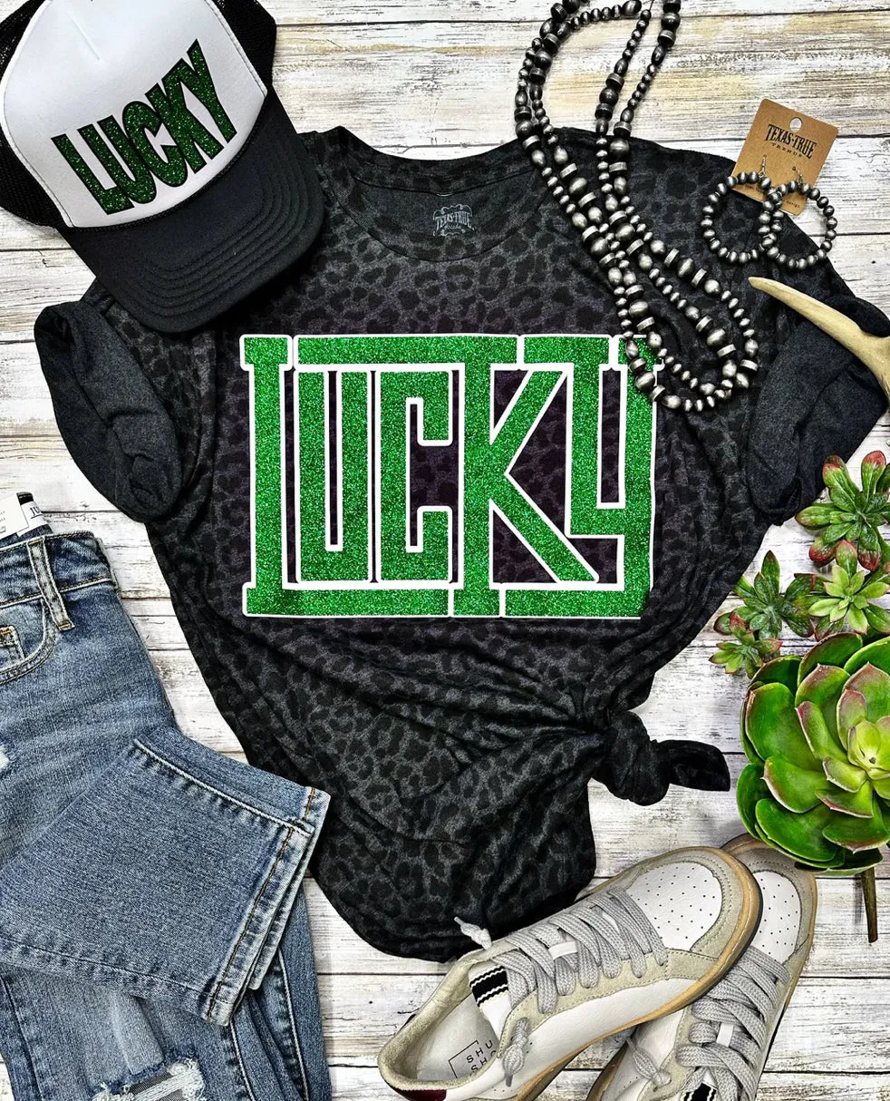 {LUCKY GLITTER LUCKY LEOPARD} Black Leopard Crew Neck Tee