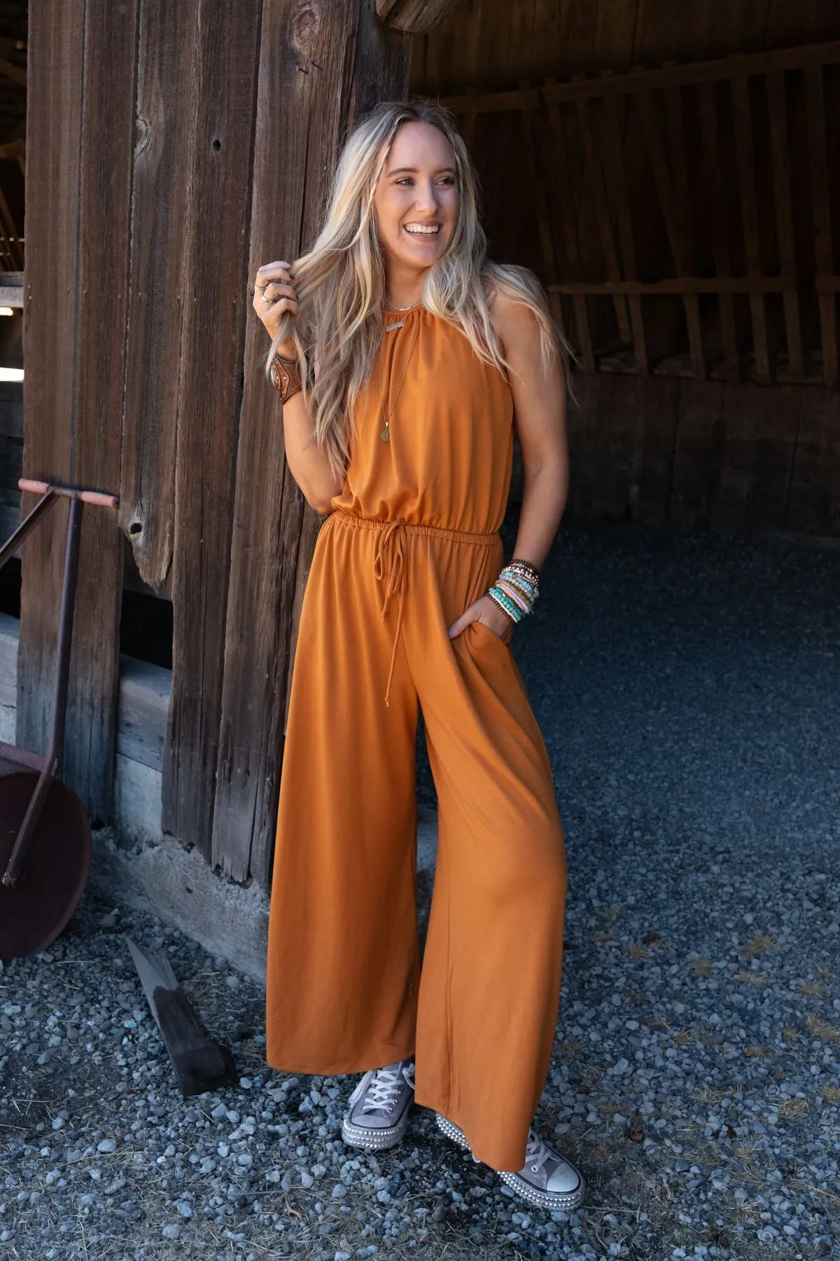 Lucky Love High Neck Jumpsuit - Butterscotch