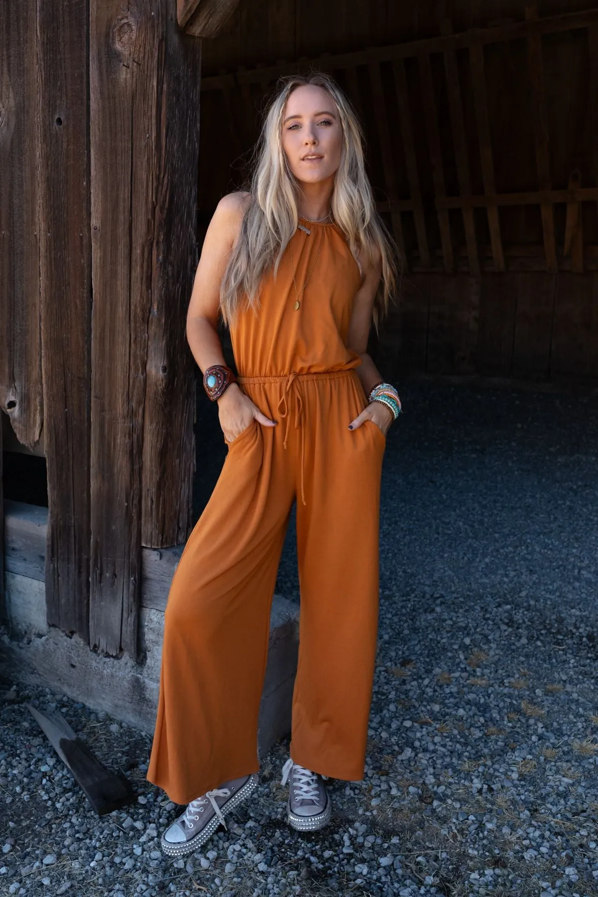 Lucky Love High Neck Jumpsuit - Butterscotch