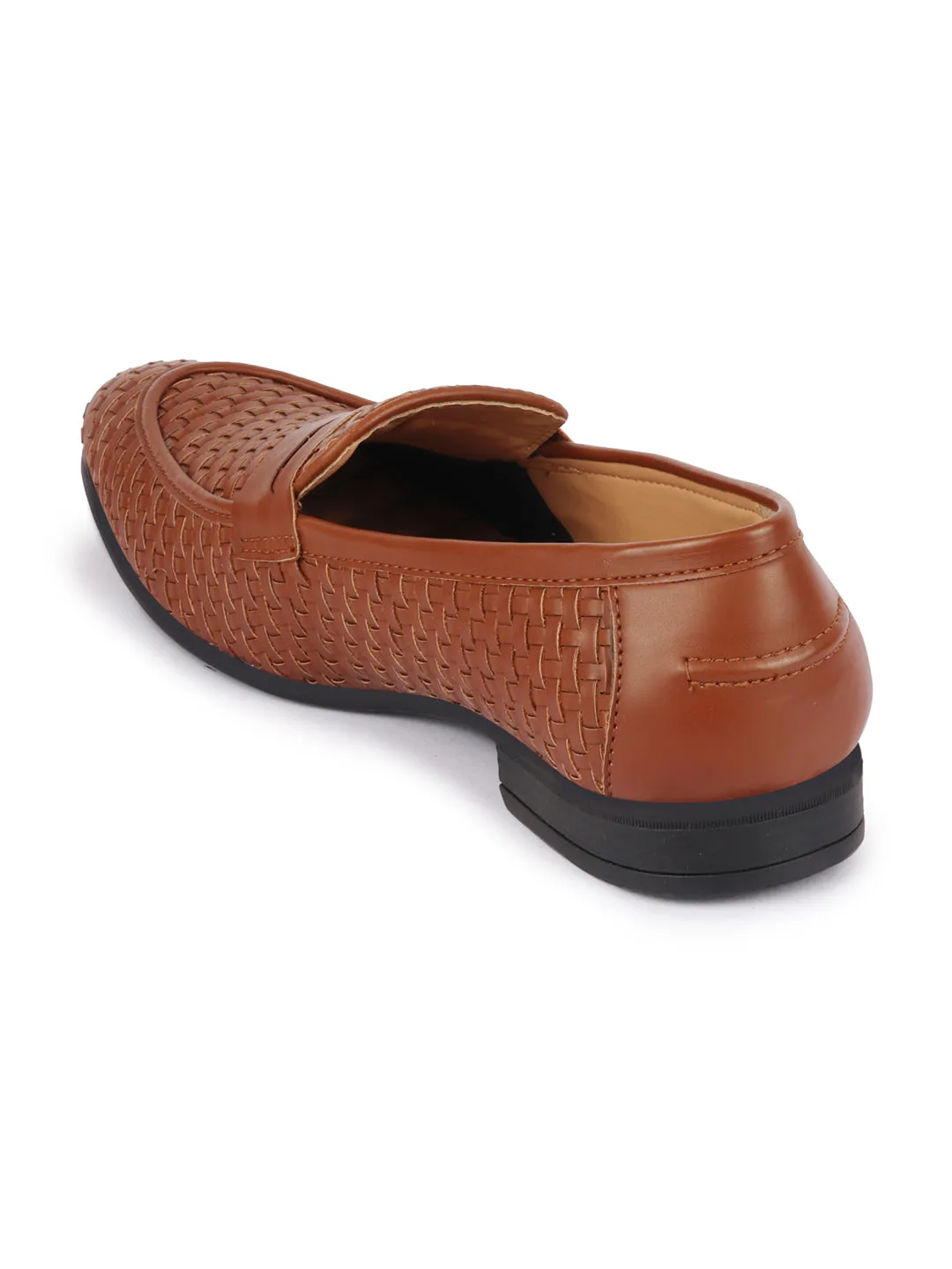 Men Tan Hand Knitted Design Penny Loafer Slip On Shoes