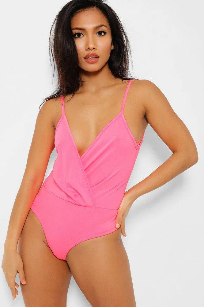 Neon Pink Deep Plunge Wrap Bodysuit