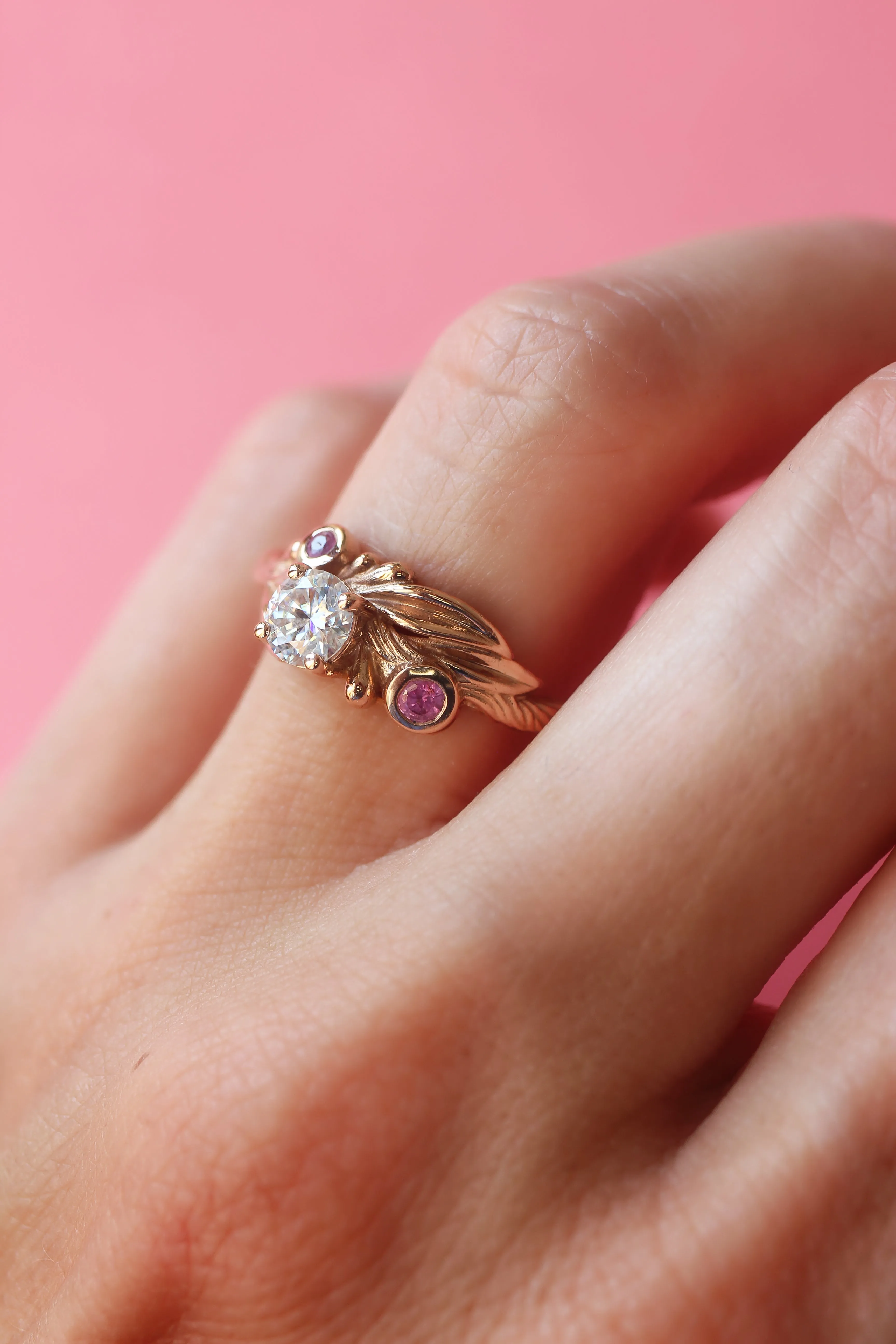 Olive branch ring with moissanite and pink sapphires / Olivia