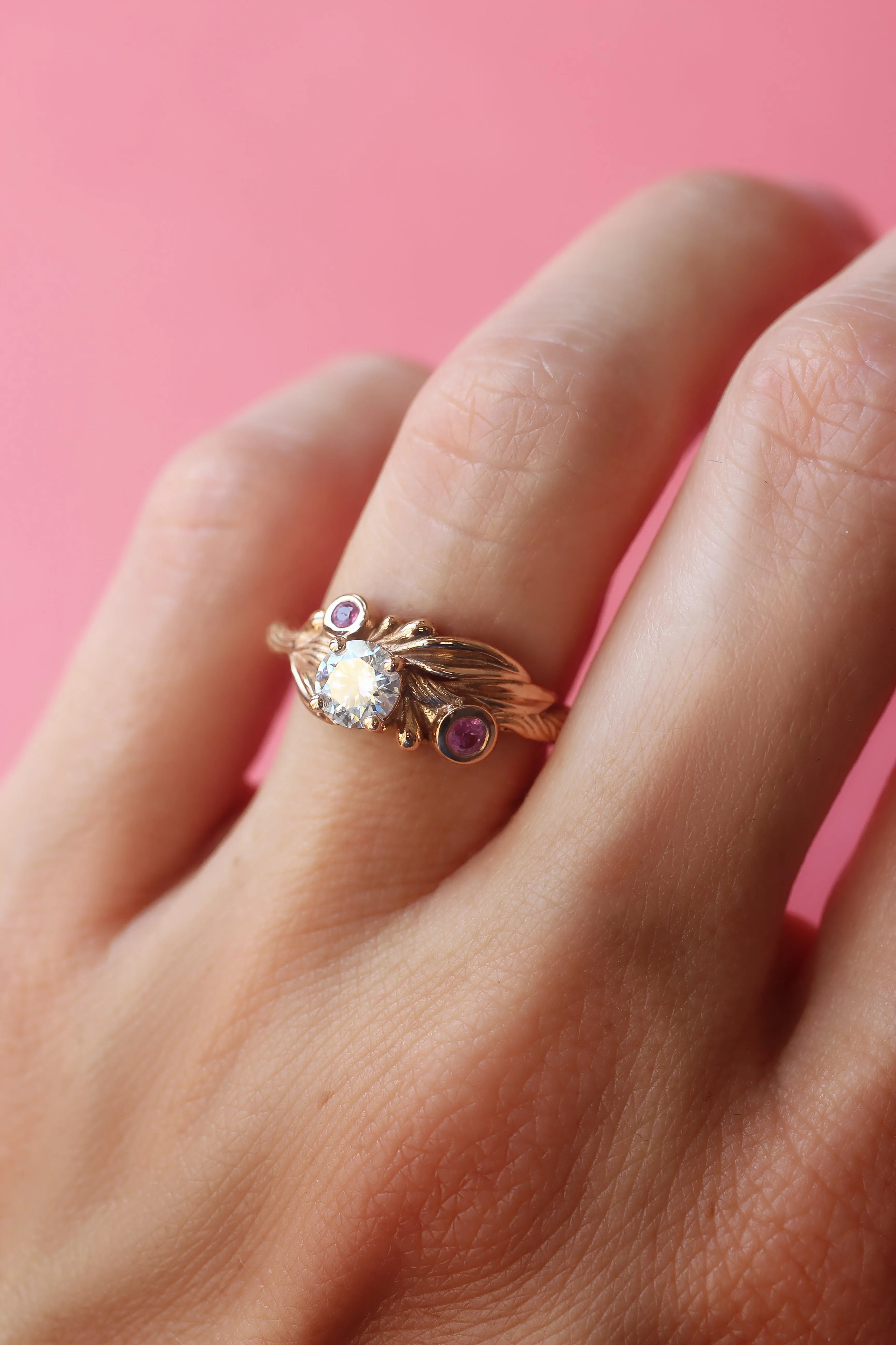 Olive branch ring with moissanite and pink sapphires / Olivia