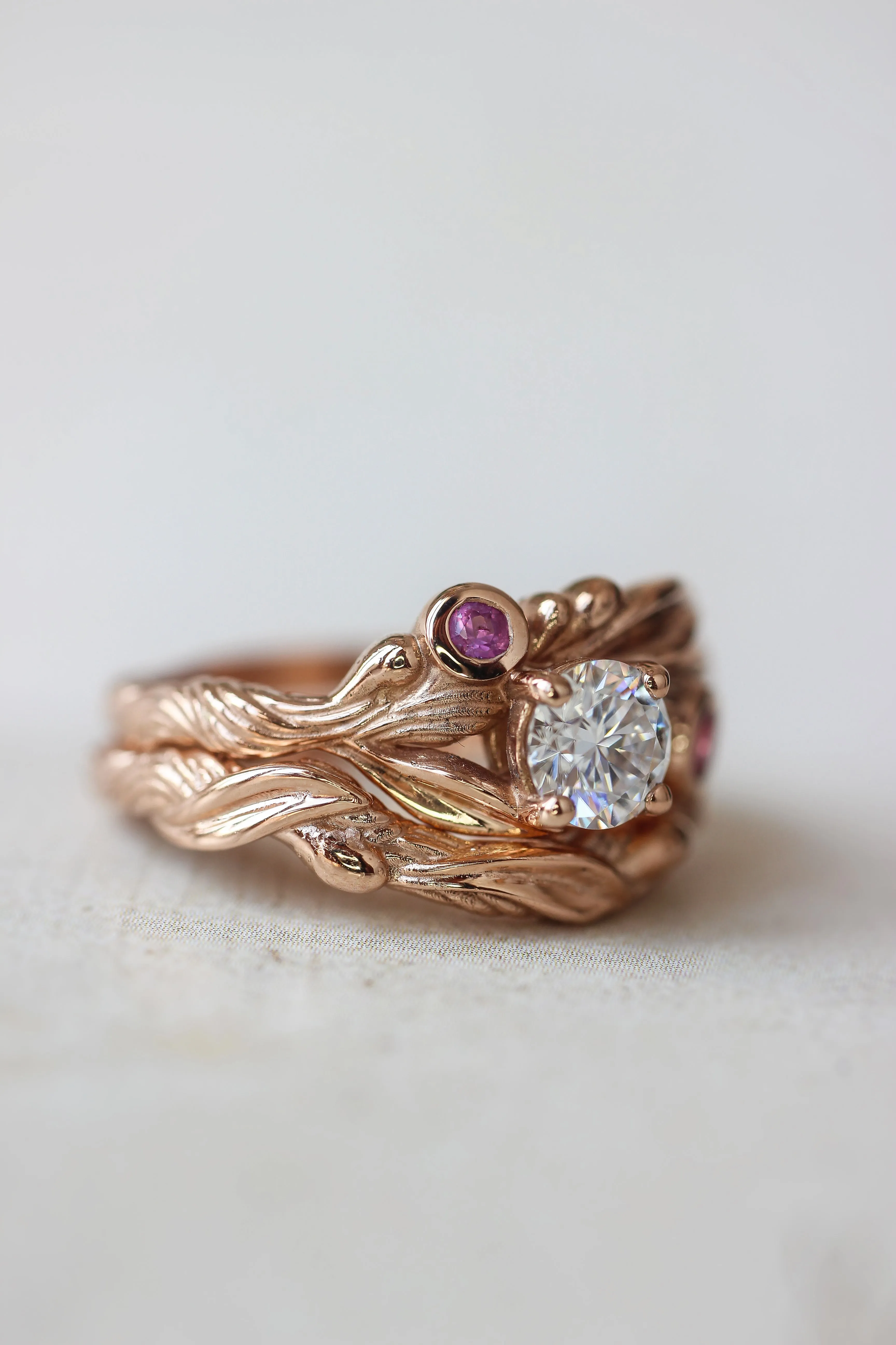 Olive branch ring with moissanite and pink sapphires / Olivia