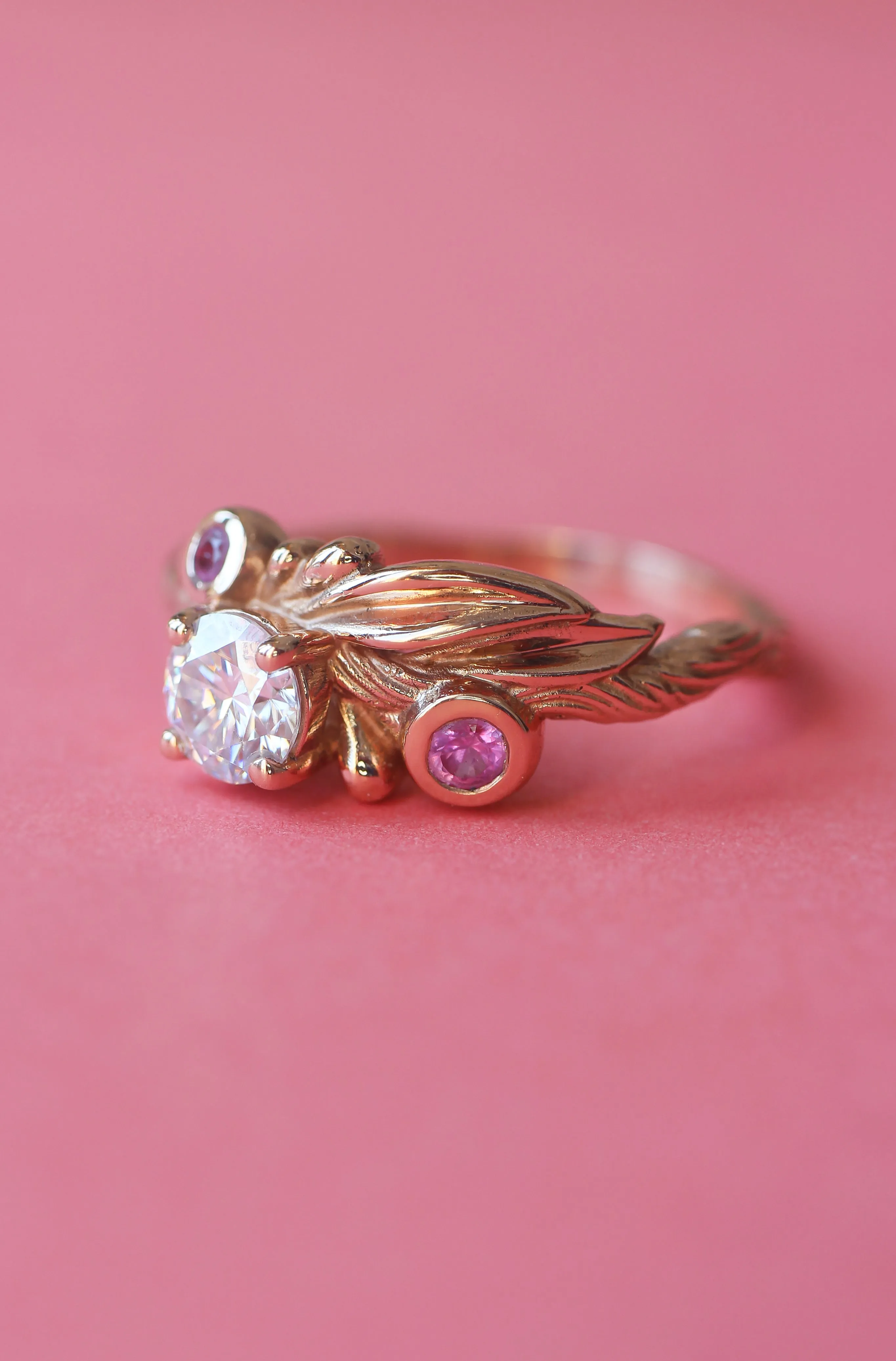 Olive branch ring with moissanite and pink sapphires / Olivia