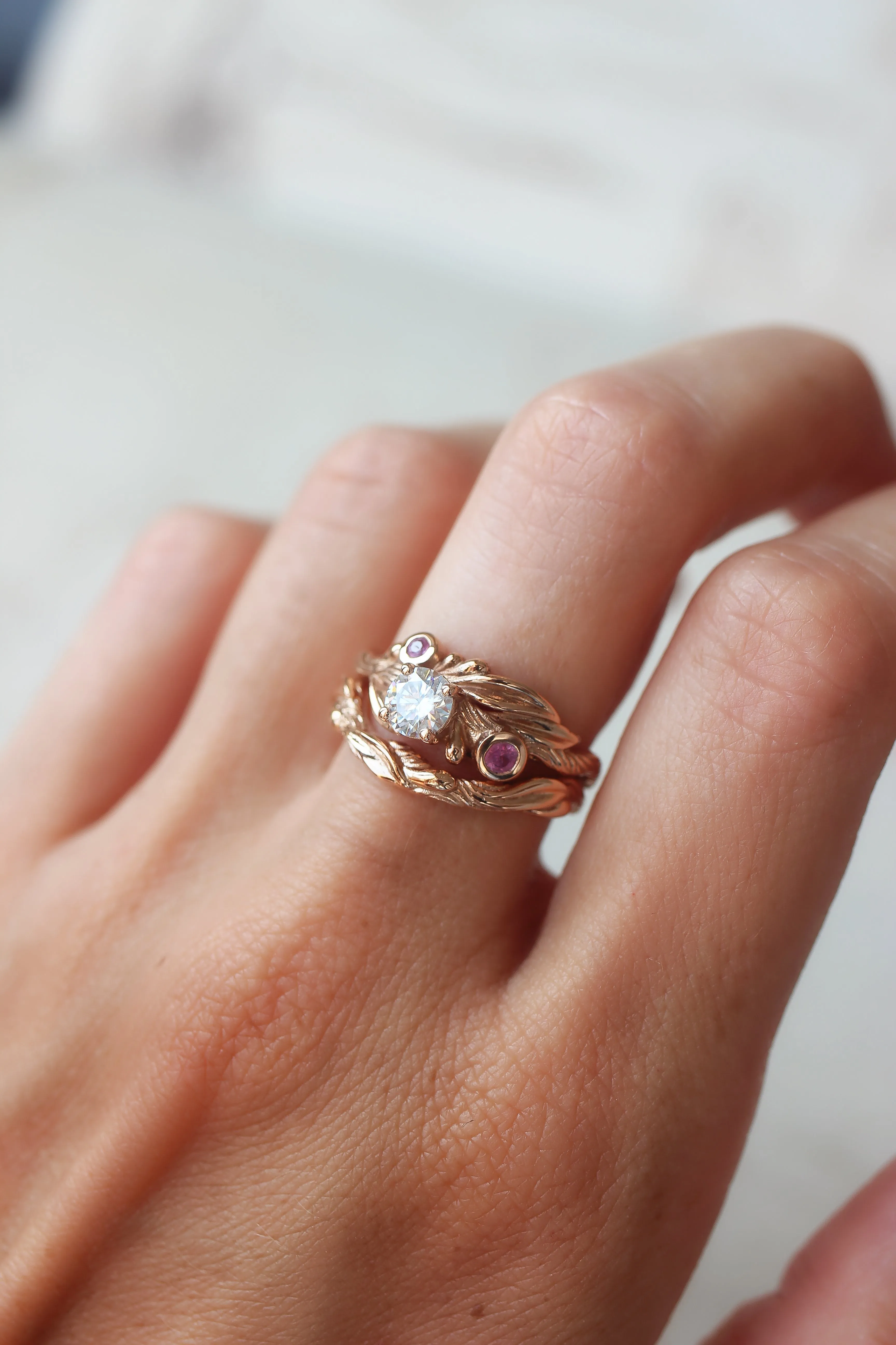 Olive branch ring with moissanite and pink sapphires / Olivia