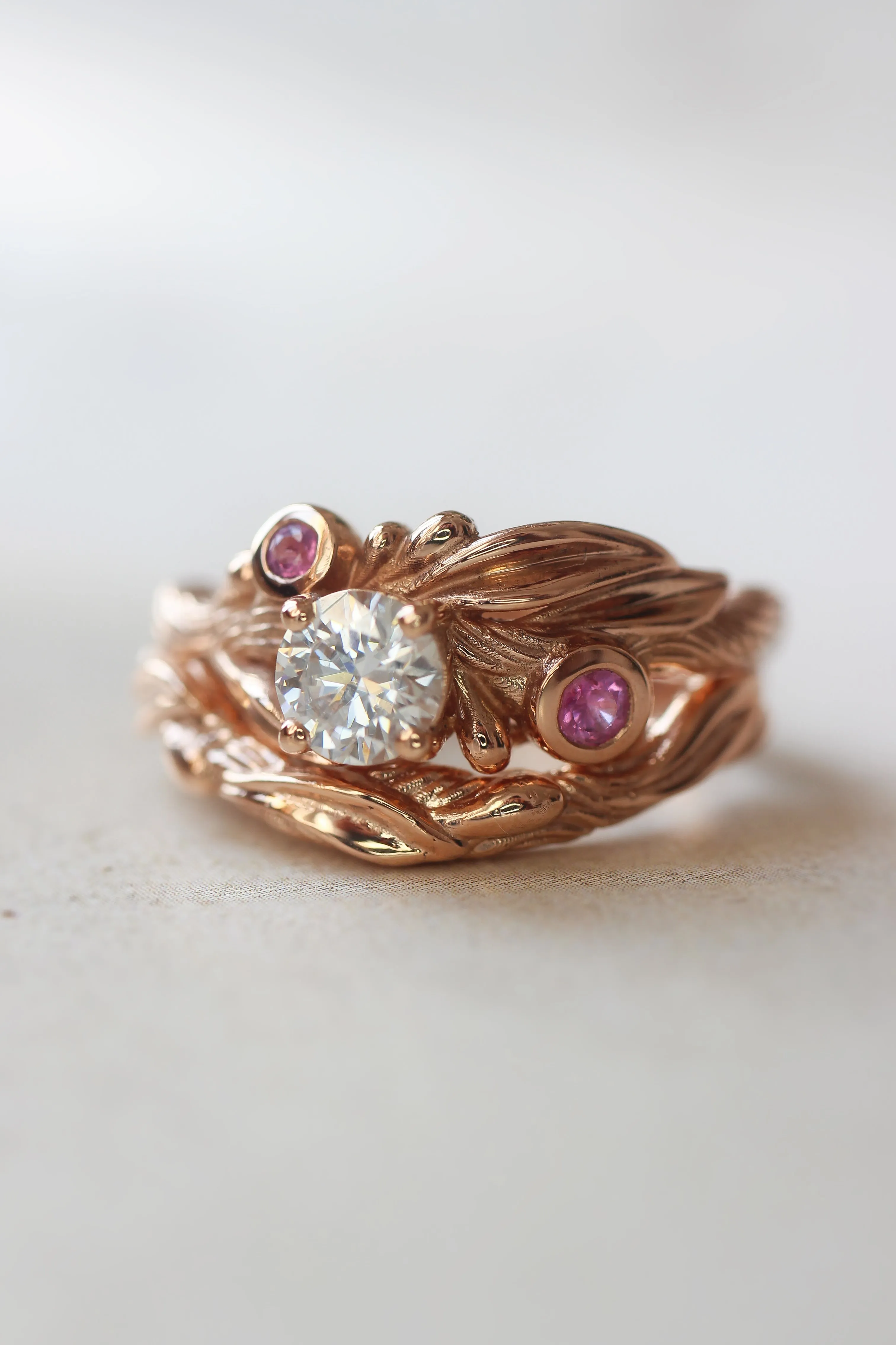 Olive branch ring with moissanite and pink sapphires / Olivia