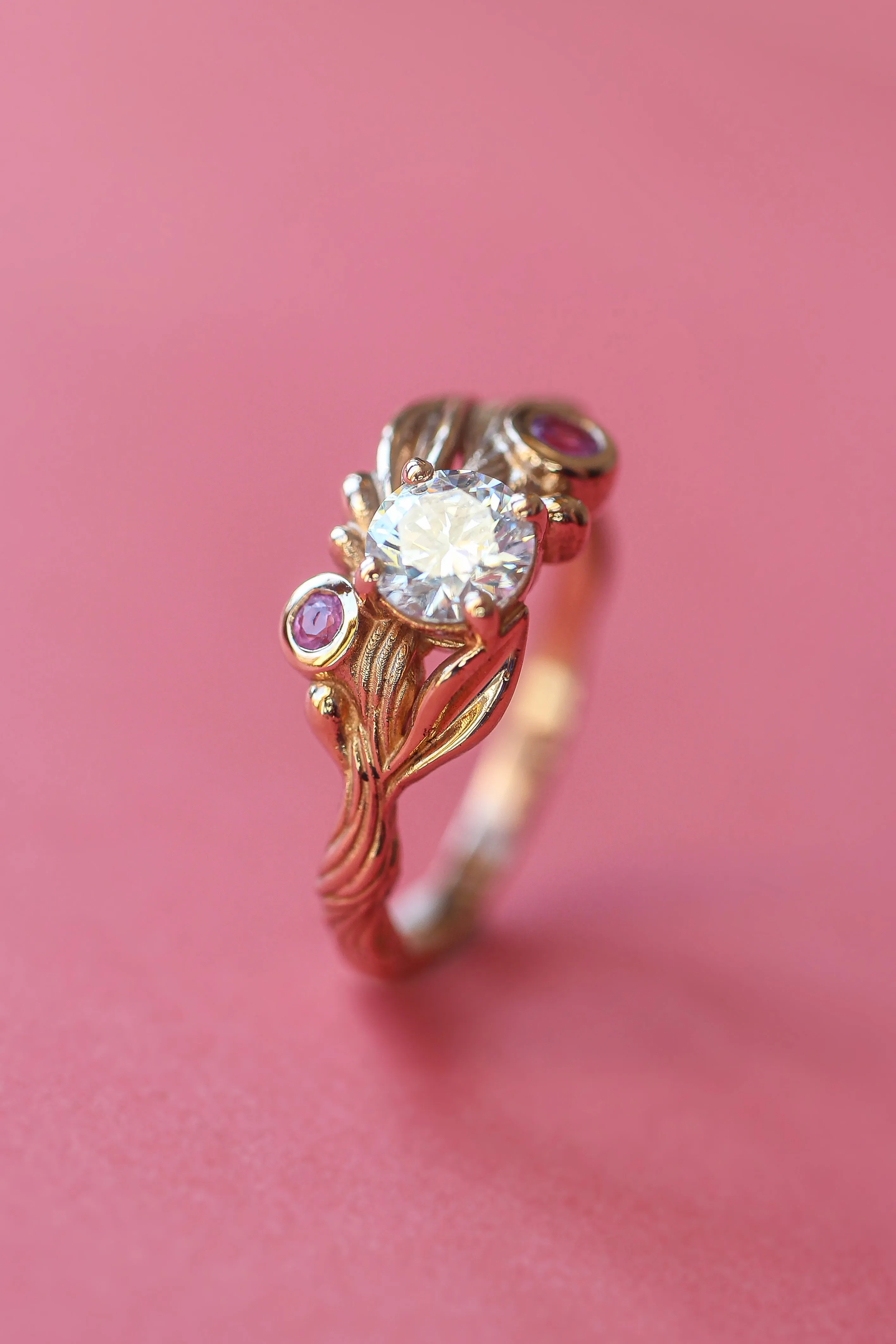 Olive branch ring with moissanite and pink sapphires / Olivia