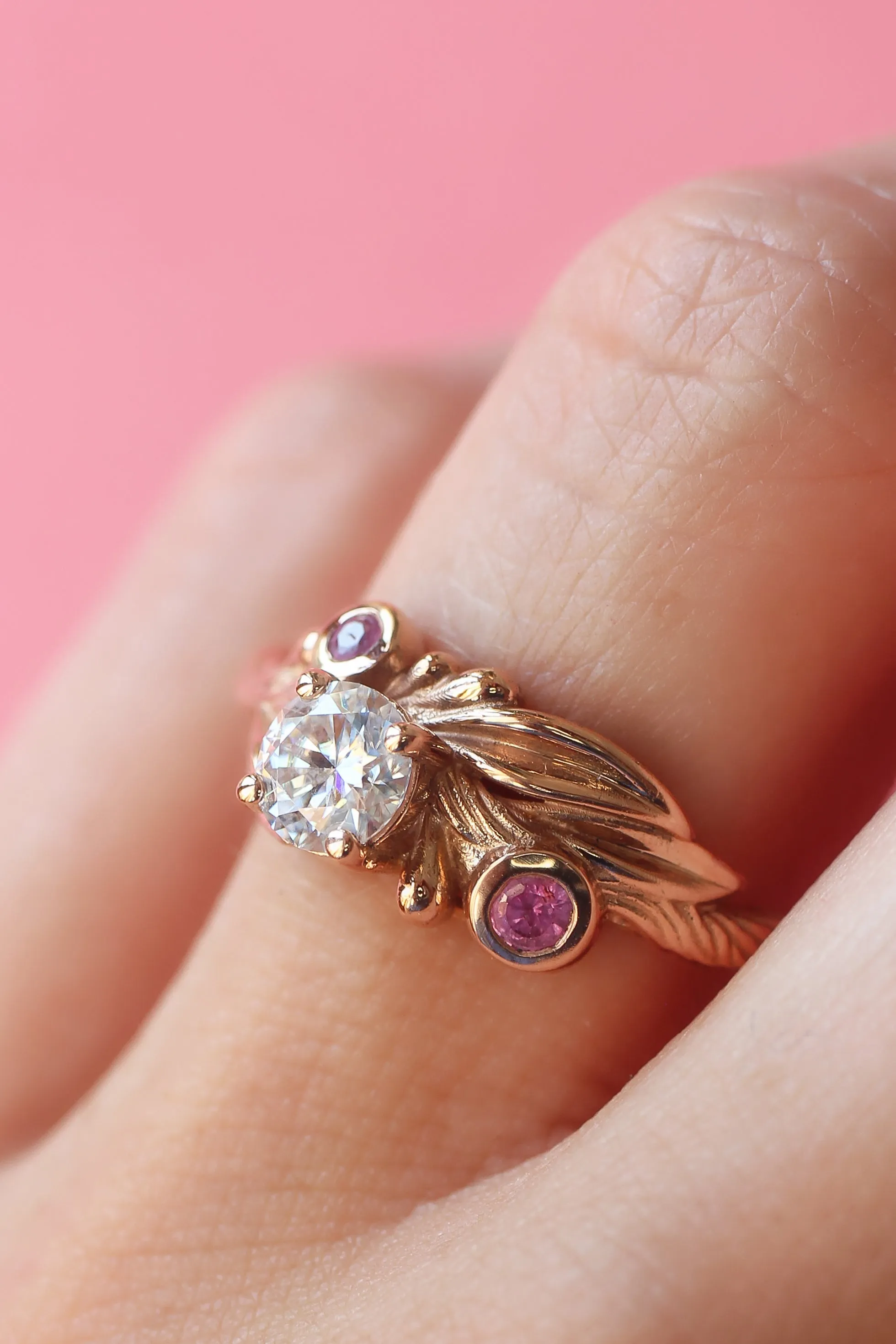 Olive branch ring with moissanite and pink sapphires / Olivia