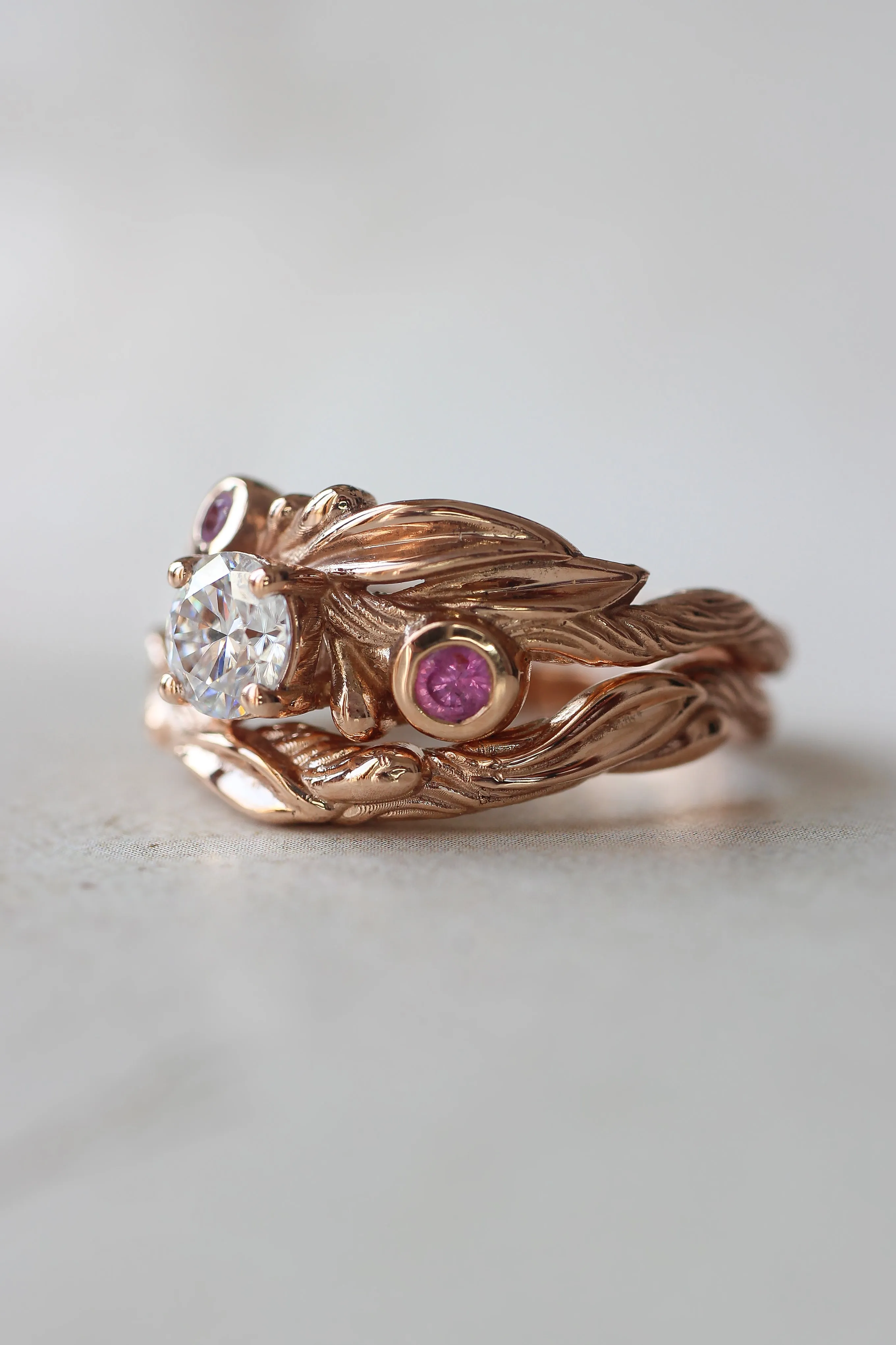 Olive branch ring with moissanite and pink sapphires / Olivia