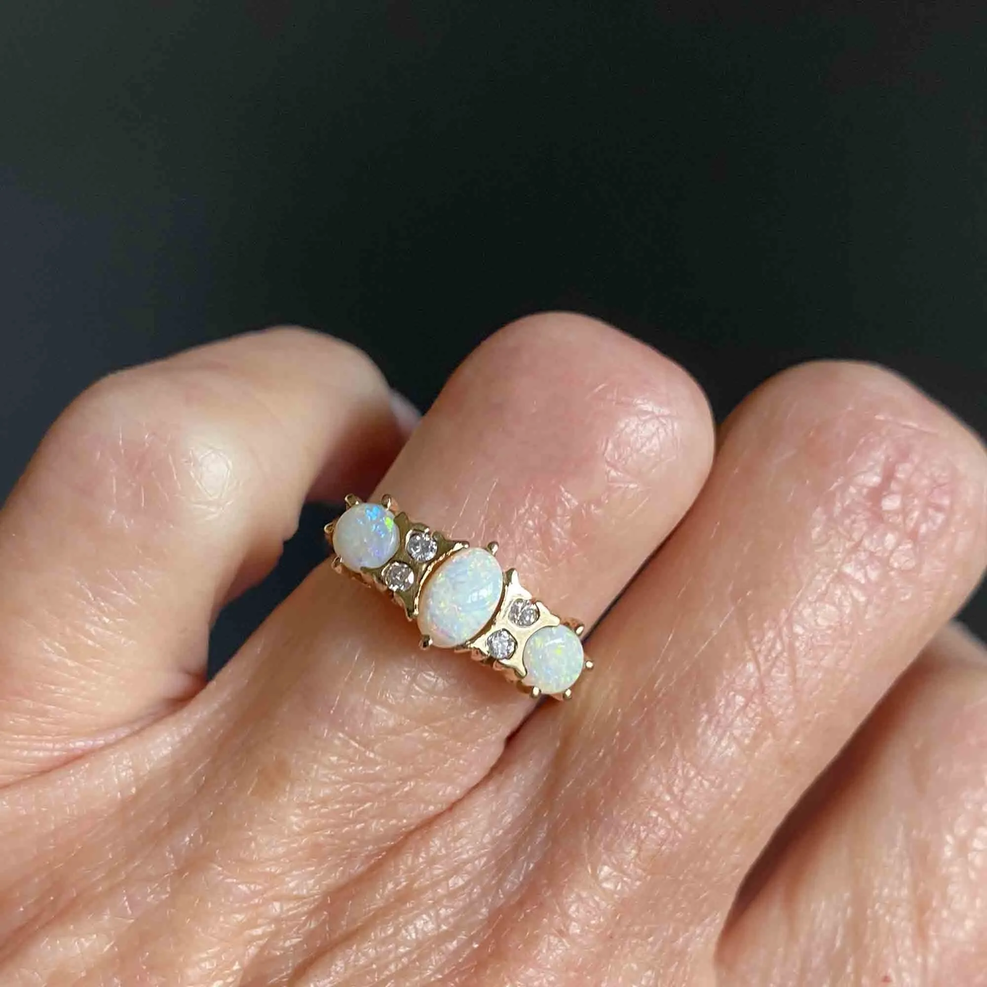 ON HOLD Vintage 14K Gold Diamond & Opal Three Stone Ring