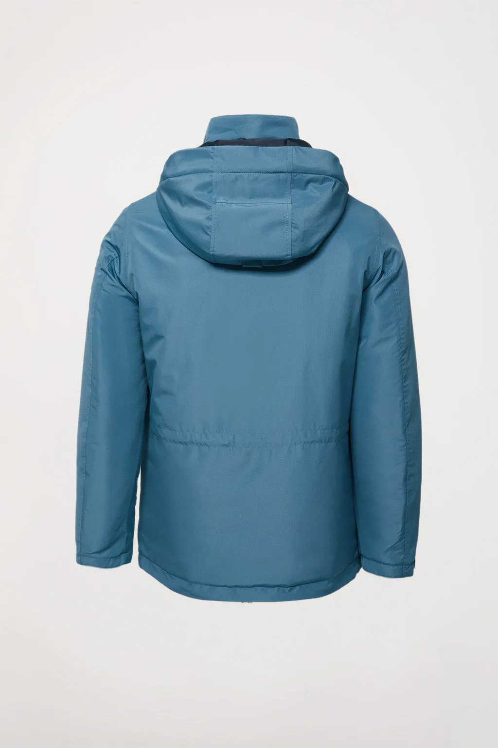 Parka azul petróleo apres ski con capucha y cuello elevado