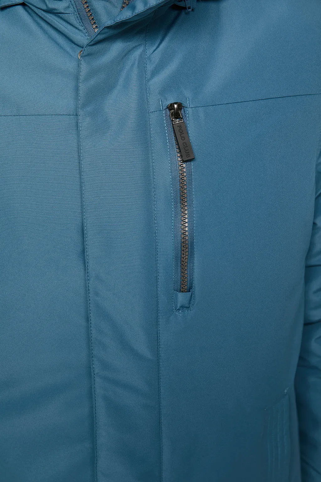 Parka azul petróleo apres ski con capucha y cuello elevado